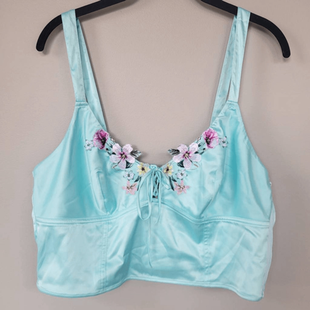 Victorias Secret Floral Satin Crop Top XL Blue Embroidered Coquette Fairy NWT